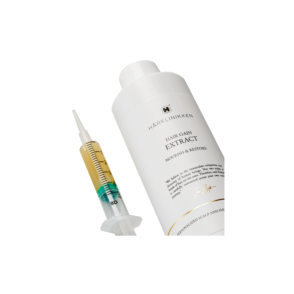 Close Up image of the Harklinikken Hair Gain Extract bottle with syringe