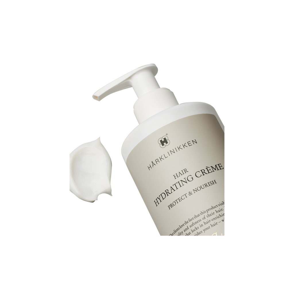 Close Up image of the Harklinikken Hair Hydrating creme 290ml bottle and Product Texture