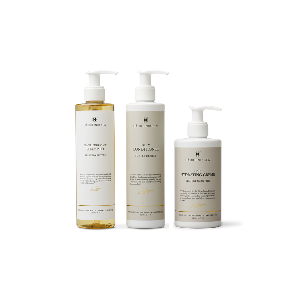 Harklinikken Stabilizing Shampoo Daily Conditioner and Hydrating Creme Product Set The Essentials Pack Shot Front View