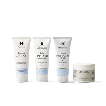 Harklinikken Travel Essentials with Balancing Shampoo, Daily Conditioner, Hair Hydrating Creme and Hair Mask 75ml bottles
